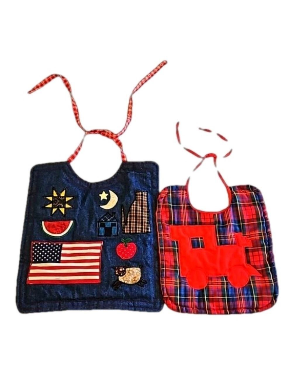 Hand Crafted upcycled bids 2pc-Set double-sided train plaid quilted embroidered